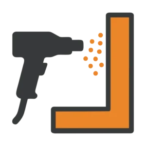 Icon representing powder coating process at Apex InCast, featuring a black spray gun applying orange particles onto a surface.